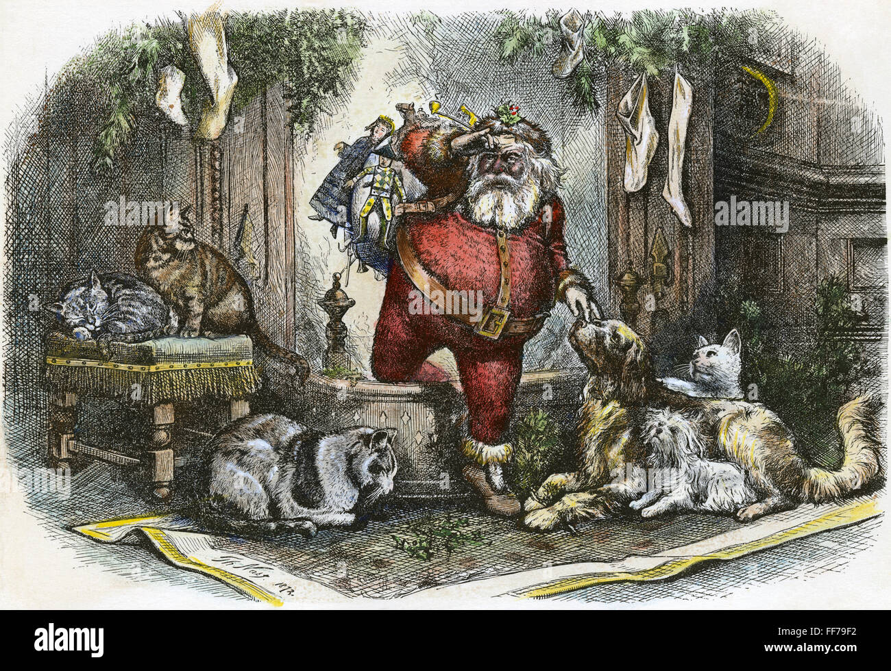 THOMAS NAST: SANTA CLAUS. /n'The kommt der Weihnachtsmann. Farbiger Kupferstich von Thomas Nast, 1872. Stockfoto