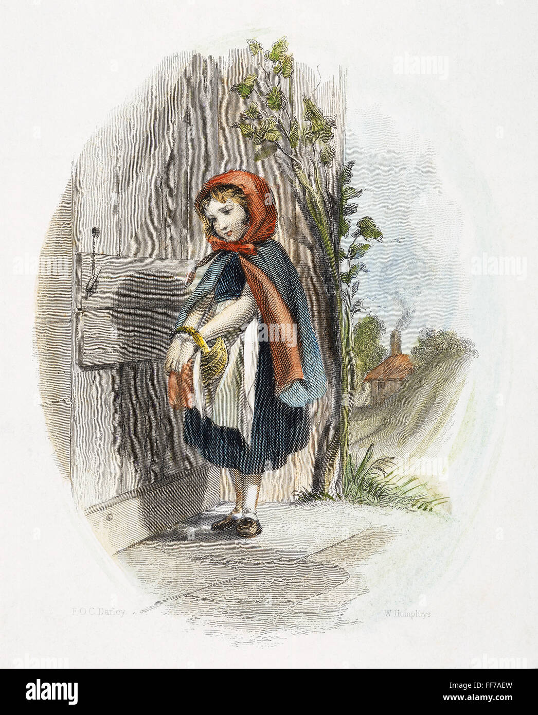 LITTLE RED RIDING HOOD. Red Riding Hood /nLittle an der Tür zu ihrer Großmutter nach Hause. Amerikanische Gravur, 19. Jahrhundert, nach Felix O.C. Darley. Stockfoto