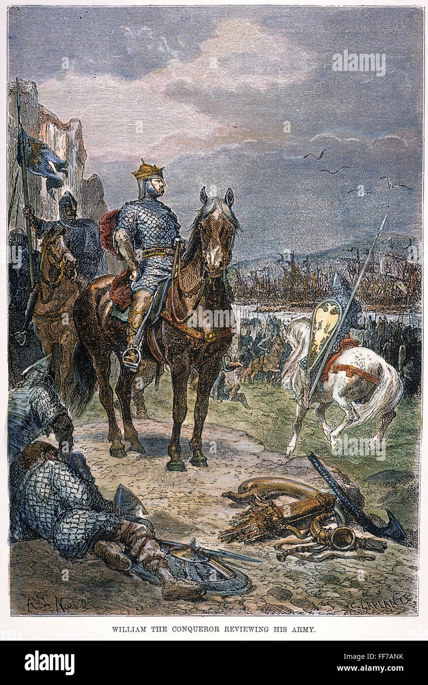 KING WILLIAM ich (1027-1087) /nof England. Bekannt als Wilhelm der Eroberer, seine Armee bei seiner Ankunft in England 1066 zu überprüfen. Holzstich, 19. Jahrhundert, nach Alphonse de Neuville. Stockfoto