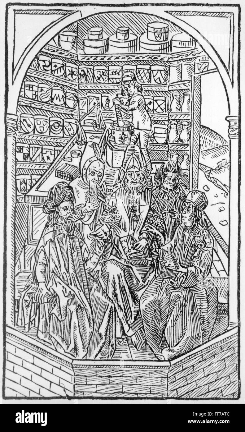 Medizin, Apotheke, Apotheke, Meister der Medizinwissenschaft, Holzschnitt, aus: 'Hortus sanitatis', Druck: Johann Schönsperger des Älteren, Augsburg, 1487, Zusatz-Rechte-Clearenzen-nicht vorhanden Stockfoto