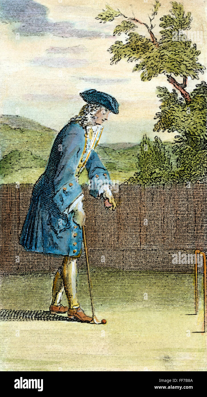 PALL MALL, 1717. NUM Gentleman spielen "Jeu de Mail", auch bekannt als "Pele Mele" oder Pall Mall. Gravierte Frontispiz zu "Nouvelles Regles pour le Jeu de Mail" [neue Regeln für das Jeu de Mail} veröffentlicht in Paris, 1717. Stockfoto