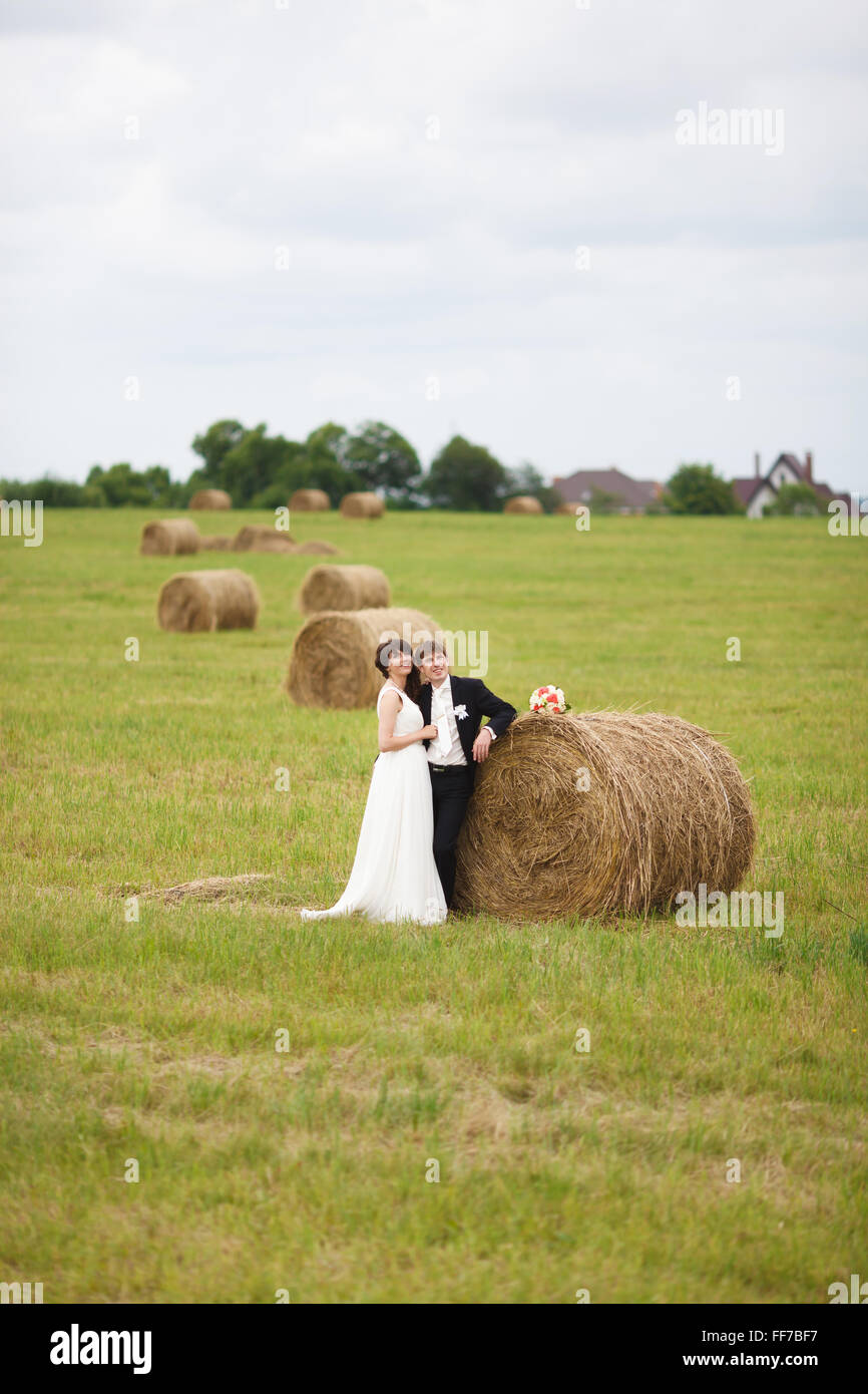 Braut und Bräutigam in der Nähe von Heu auf einem ländlichen Gebiet Stockfoto