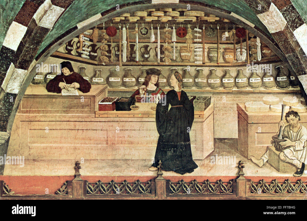 Medizin,Apotheke,Apotheke,Verkaufsraum,Fresko,circa 16. Jahrhundert,Schloss Issogene,Aostatal,15. Jahrhundert,16. Jahrhundert,Italien,Mittelalter,Mittelalter,Beruf,Berufe,Apotheke,Spenderchemiker,Apotheker,Apotheker,Apotheke,Apotheke,Apotheke,Drogisten,Apotheker,Wandmalereien,Wandmalereien,Wandmalereien,Malerei,Malerei,Malerei,Malerei,Malerei,Malerei Stockfoto