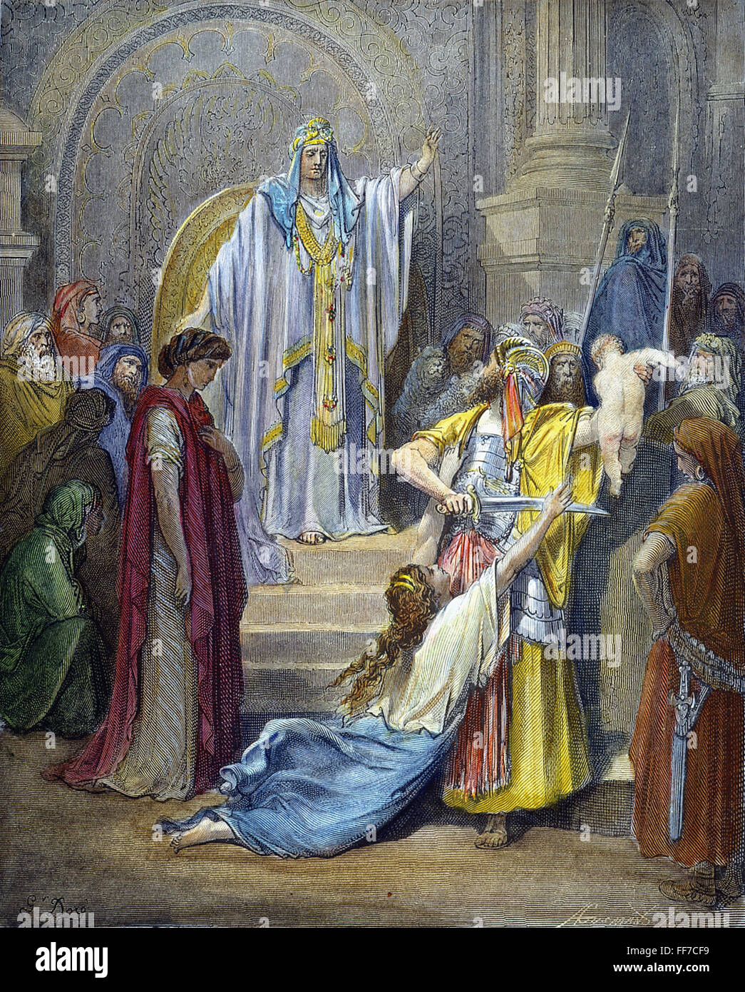 URTEIL DES SALOMO. / n (1. Könige 3: 24-27). Holzstich, 19. Jahrhundert, nach Gustave DorΘ. Stockfoto