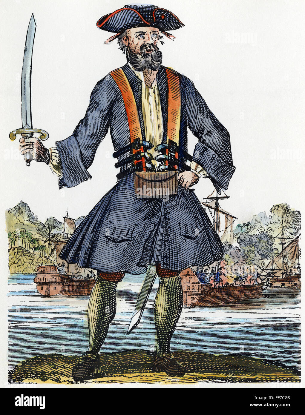 EDWARD TEACH (d. 1718). /nEnglish Pirat, bekannt als Blackbeard. Line-Gravur, 18. Jahrhundert. Stockfoto