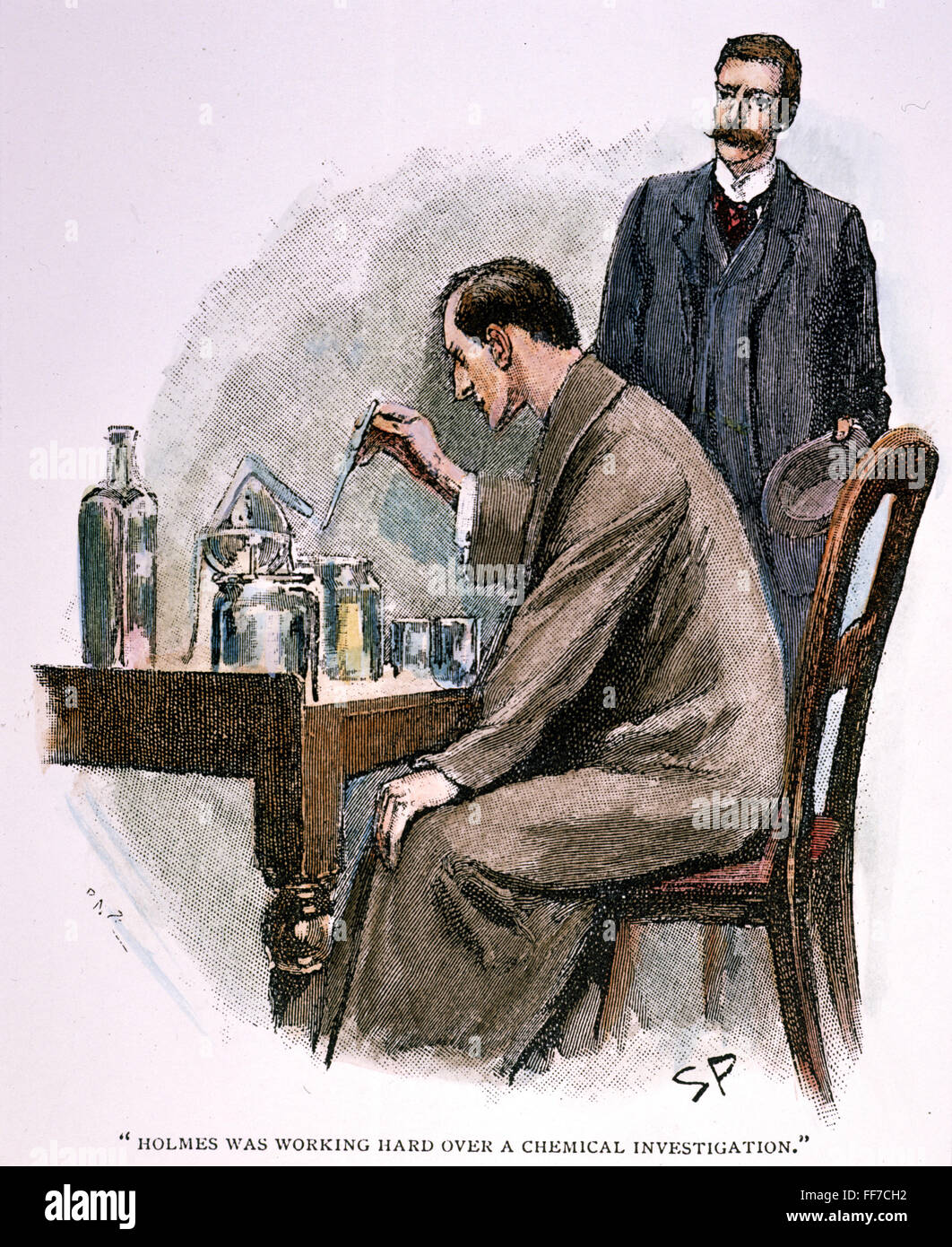 SHERLOCK HOLMES. /nDr. John Watson Sherlock Holmes arbeitet hart über eine chemische Untersuchung zu beobachten. Zeichnung von Sidney Paget für Doyles "das Abenteuer der Flottenvertrag" 1893. Stockfoto