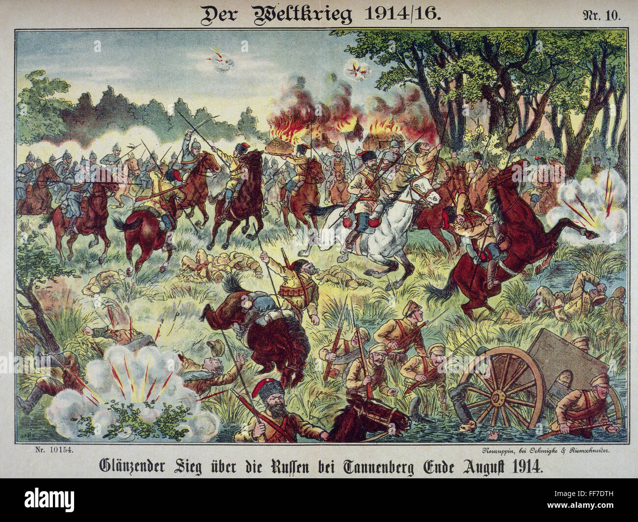 Ereignisse, erster Weltkrieg / 1. Weltkrieg, Ostfront, Schlacht bei Tannenberg 1914, russische Truppen Rückzug, farbige Lithographie, Neuruppin, Deutschland, 1916, Rückzug, Russland, Ostpreußen, Russische 2. Armee (Samsonov), Deutsche 8. Armee (Hindenburg), Kossaks, Kavallerie, Flucht, Soldaten, Reiter, Kavalleristen, Trooper, Kampf, Kampf, Engagement, 20. Jahrhundert, historisch-10er, nicht-Bürger-Clearences Stockfoto