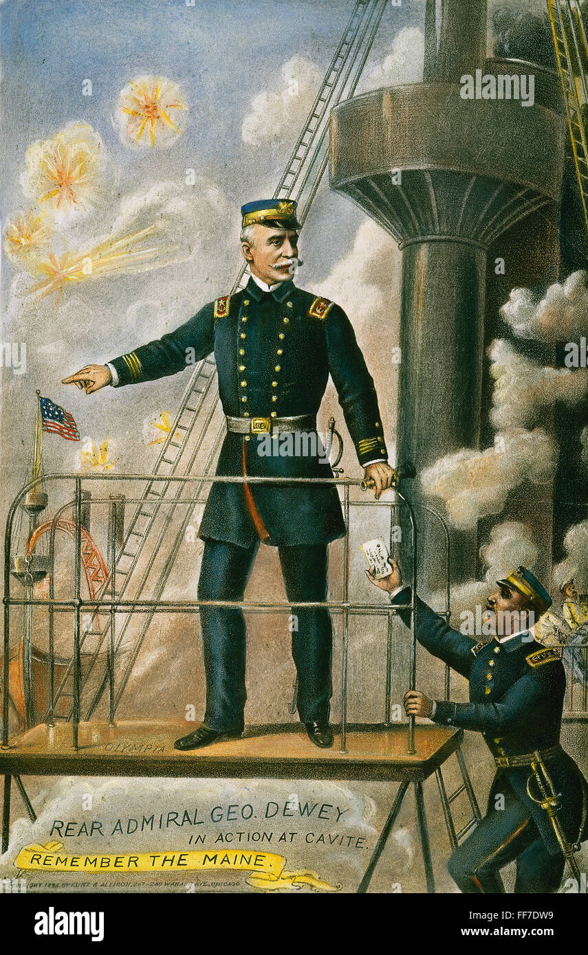 GEORGE DEWEY, 1898. /nRear (dann Commodore) Admiral George Dewey in der Schlacht von Manila Bay, 1. Mai 1898. Lithografie von Kurz & Allison, 1898. Stockfoto