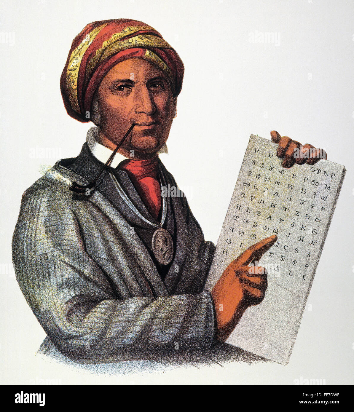 SEQUOYA (c1770-1843). /nNative amerikanische Gelehrte mit seiner gedruckten Cherokee-Alphabet. Amerikanische Lithographie, 1836. Stockfoto