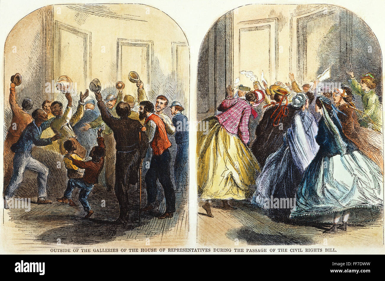 CIVIL RIGHTS BILL, 1866. /nExcitement außerhalb der Galerien des Repräsentantenhauses in Washington, D.C., während der Passage des Civil Rights Bill im April 1866. Zeitgenössische amerikanische Holzstich. Stockfoto