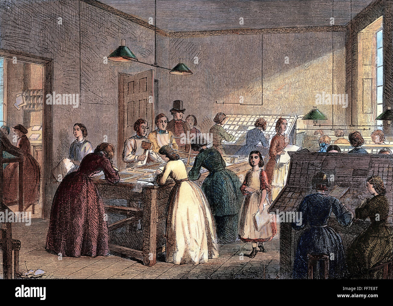 DRUCKEREI, 1861. /nWomen als Compositing The Victoria Press Office in London, England. Farbe, Gravur, 1861. Stockfoto