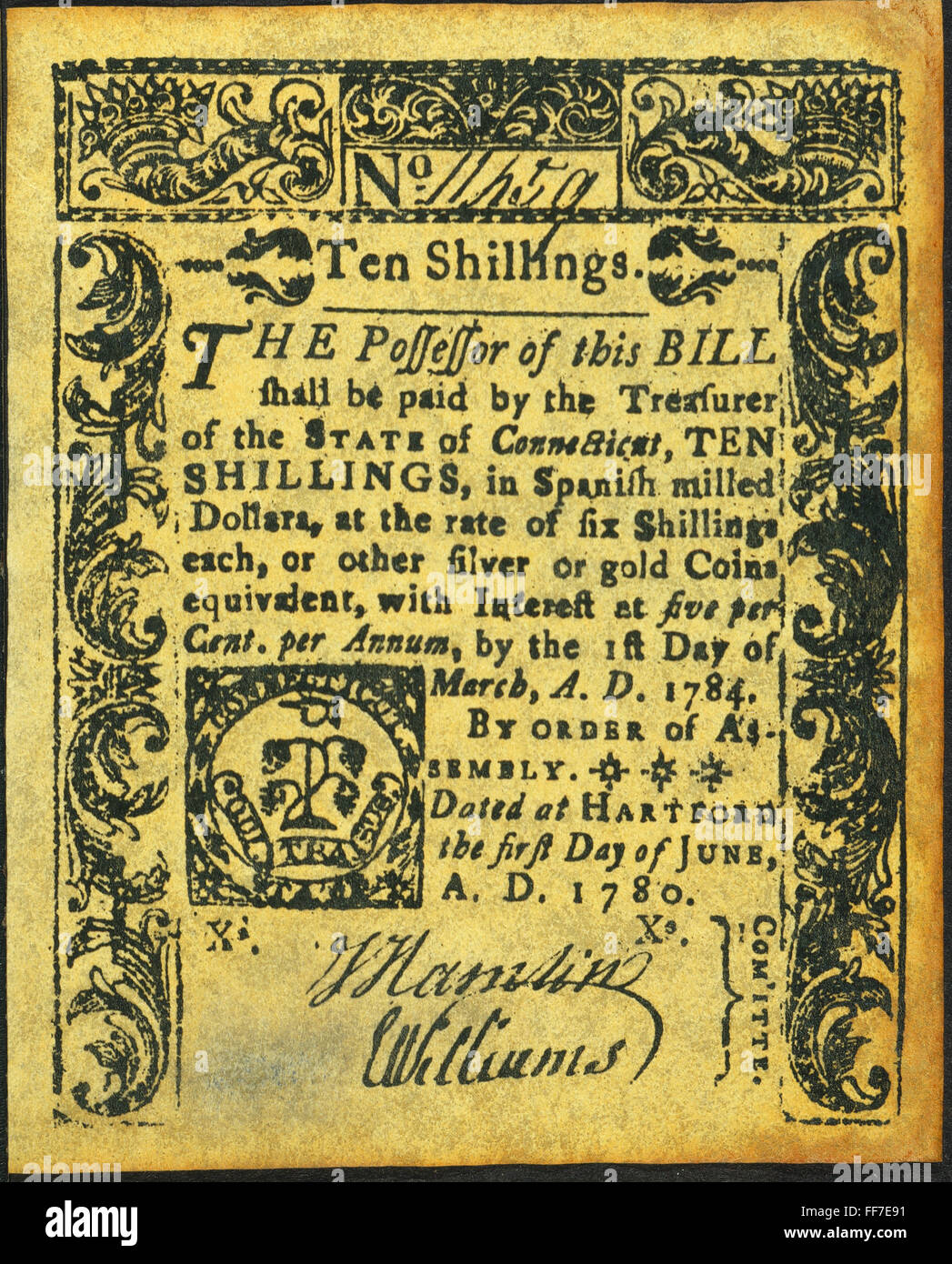 CONNECTICUT BANKNOTE, 1780. / nTen Schilling Banknote, 1780, Angebot Interesse bei fünf Prozent. Stockfoto