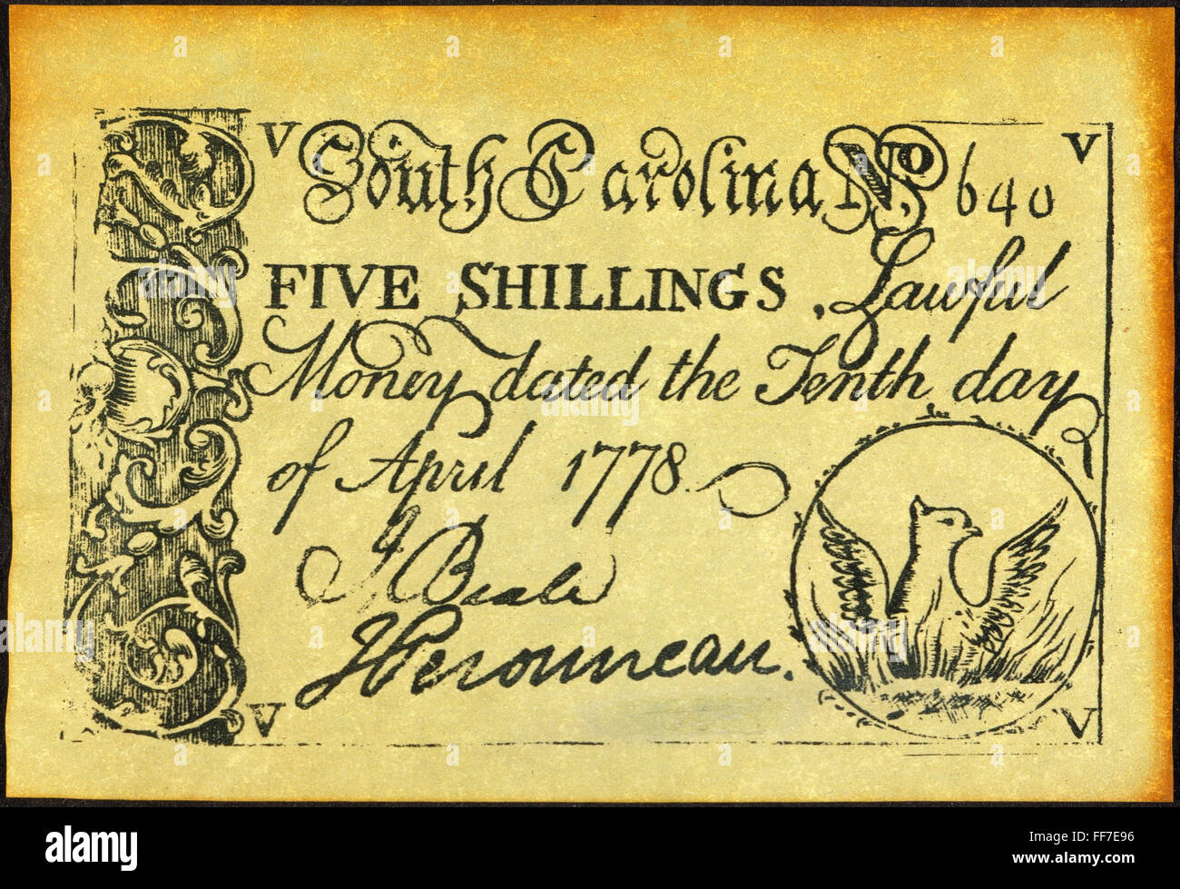 SOUTH CAROLINA BANKNOTE. /nBanknote für fünf Schillinge, 1778. Stockfoto