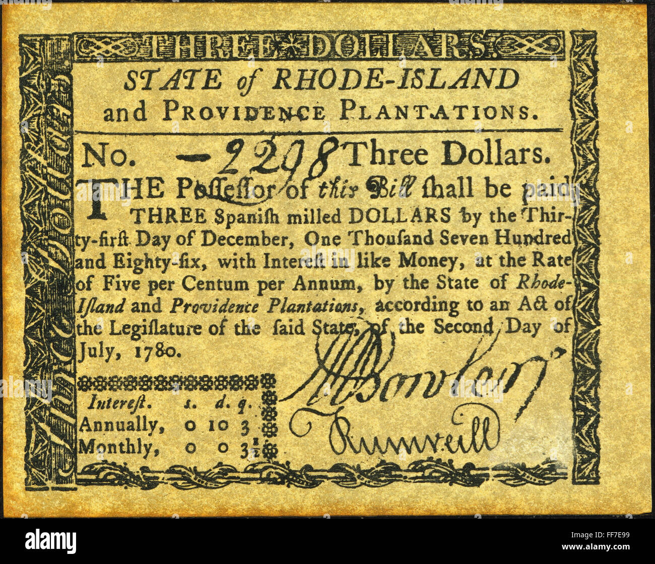 RHODE ISLAND BANKNOTE. /nThree-Dollar-Banknote, 1780, ausgestellt vom Staat und von den Vereinigten Staaten garantiert. Stockfoto
