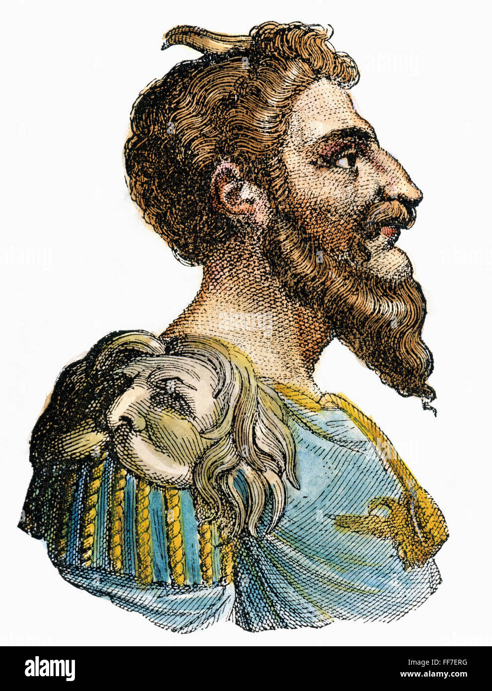 ATTILA, König der Hunnen /n(406?-453): traditionelle farbige Gravur. Stockfoto
