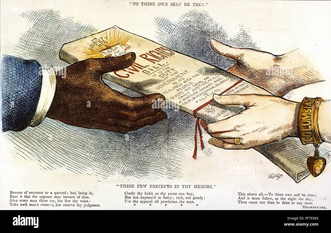 CARTOON: BÜRGERRECHTE 1875. /n'To dein eigenes selbst wahr. " Kupferstich von Thomas Nast, anlässlich der Verabschiedung des Civil Rights Bill von 1875 Farbe. Stockfoto