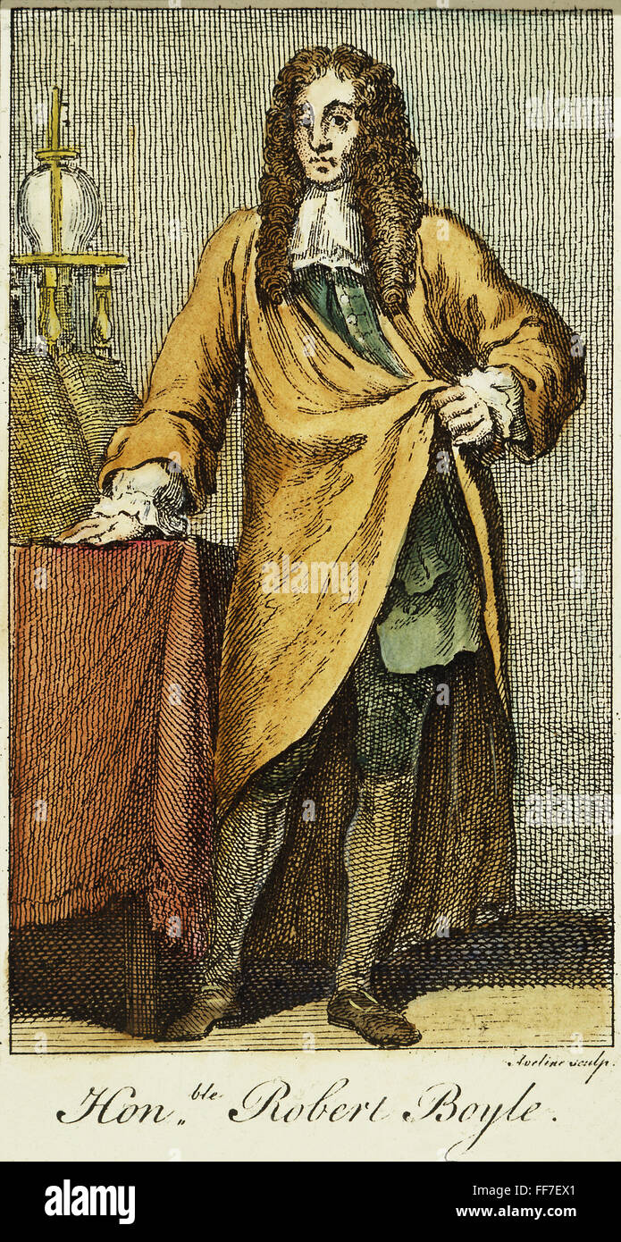 ROBERT BOYLE (1627-1691). /nBritish Physiker und Chemiker: farbige Kupfer aus dem 18. Jahrhundert Gravur. Stockfoto