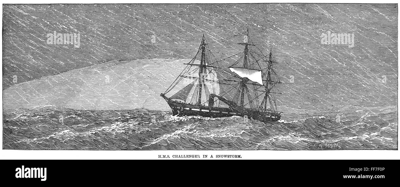 HMS CHALLENGER, 1874. /nThe British Survey Schiff HMS "Challenger." Holzstich, 1874. Stockfoto
