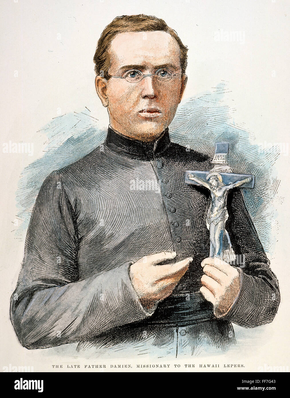 PATER DAMIAN (1840-1889). /nFull Name: Joseph Damien De Veuster. Belgischer Priester. Farbige Gravur, 1889. Stockfoto