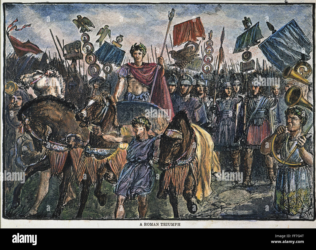 RÖMISCHE LEGION. NUM römische allgemeine und seine Legion Rückkehr nach Rom im Triumph. Holzstich, 19. Jahrhundert. Stockfoto
