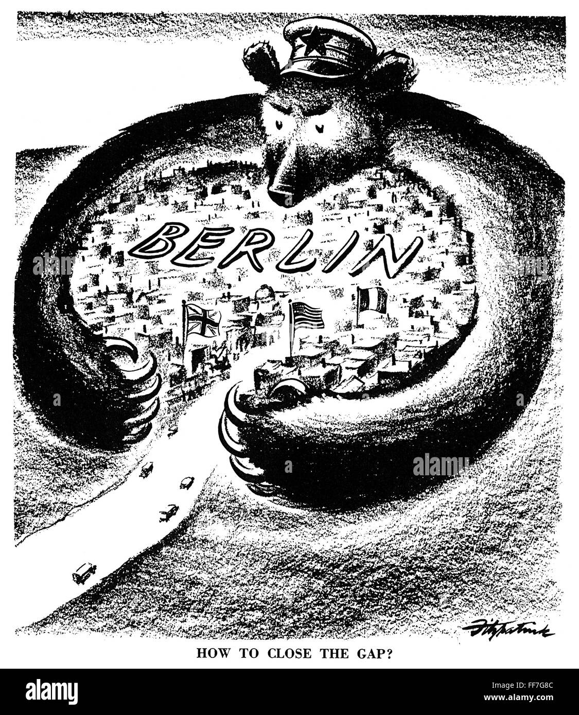 Karikatur Kalter Krieg Berlin Nhow Die Lucke Zu Schliessen Amerikanische Cartoon 1948 Von D R Fitzpatrick Auf Der Russische Versuch Den Westlichen Fahren Befugnisse Aus Berlin Mit Allen Erdenklichen Mitteln Weniger Als