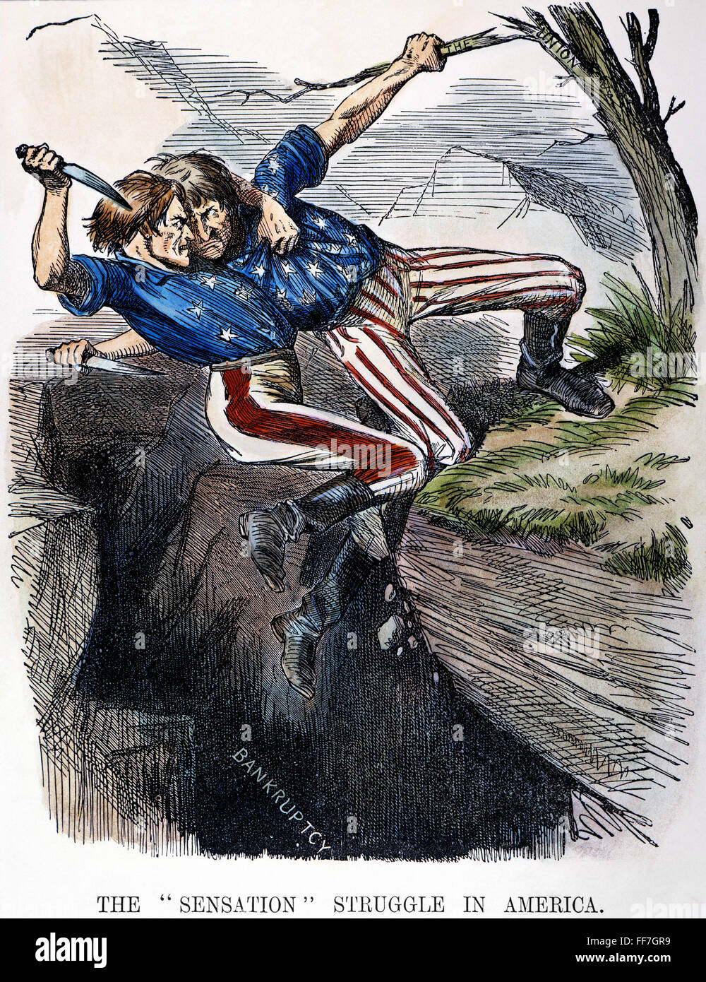 CARTOON: BÜRGERKRIEG, 1862. /nThe 'Sensation' Kampf in amerik.. 1862 englischen Karikatur auf die enormen Kosten, sowohl von Männern als auch von Geld, des Bürgerkrieges in Amerika. Stockfoto