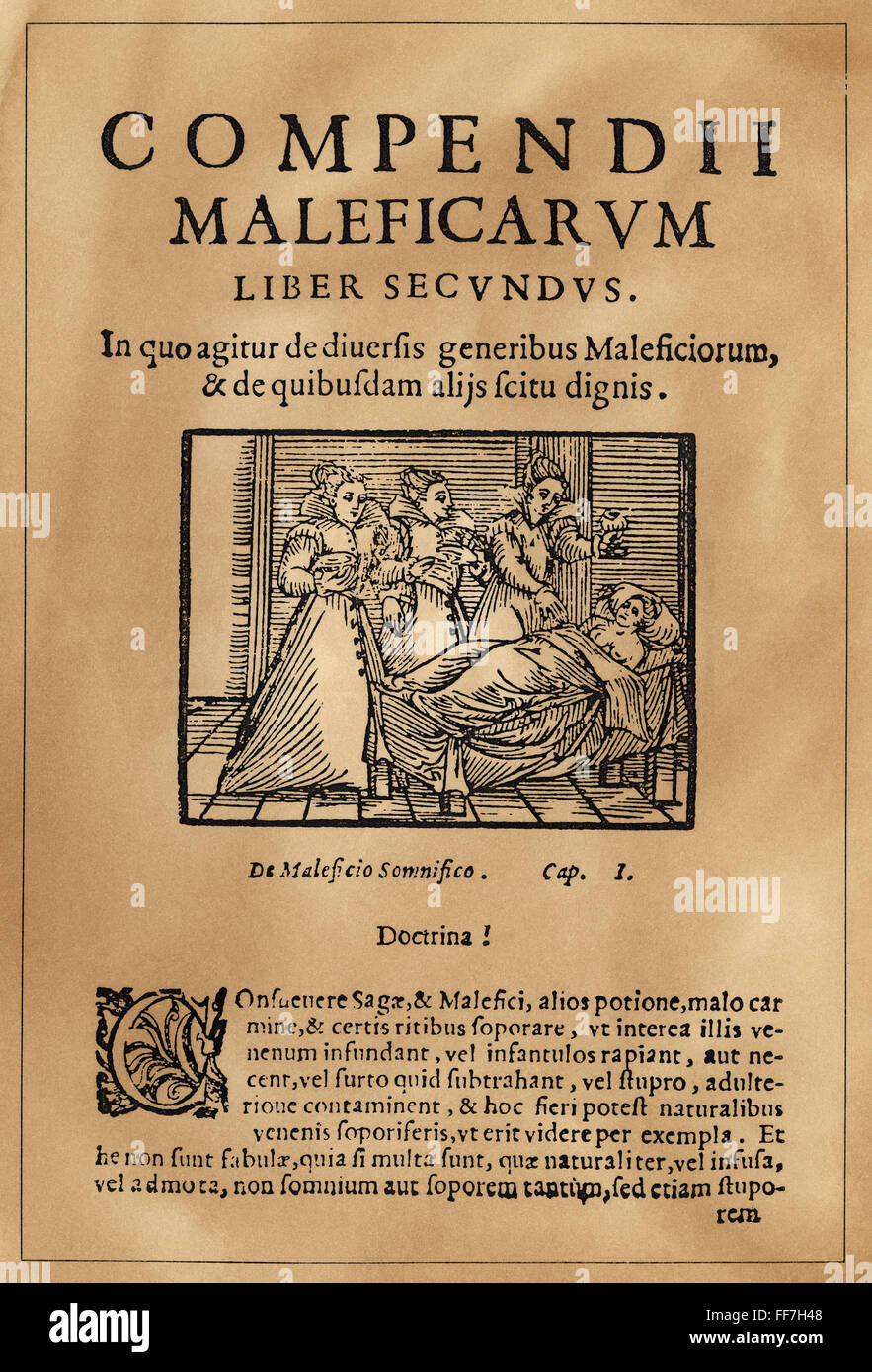 TITELSEITE DER HEXEREI. /nTitle Seite von "Compendium Maleficarum", ein Ende des 15. Jahrhunderts Europäische Abhandlung über Hexerei und Dämonologie. Stockfoto