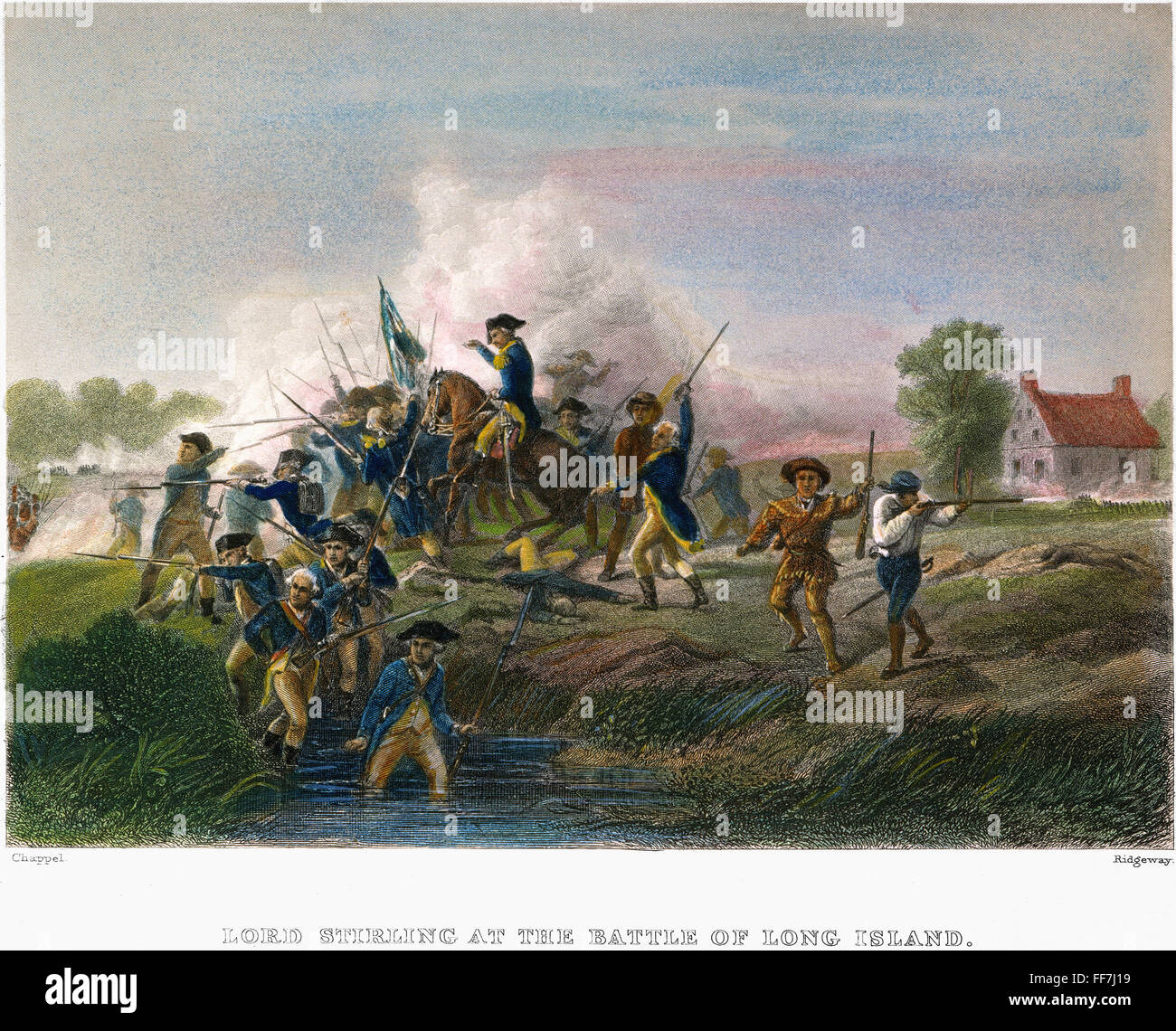 Schlacht von LONG ISLAND 1776. / nLord Stirling in der Schlacht von Long Island, 27. August 1776: farbige Gravur, 19. Jahrhundert. Stockfoto