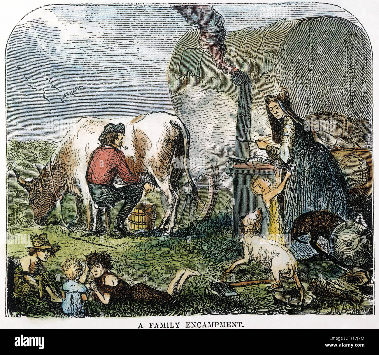 AUSWANDERER IM WESTEN. /nAn Auswanderer Familie lagerte für die Nacht auf der großen amerikanischen Prärie. Kupferstich, 19. Jahrhundert. Stockfoto
