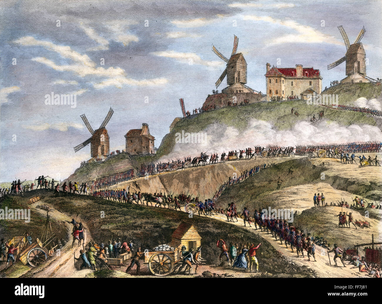 FRANZÖSISCHE REVOLUTION: PARIS. Verschieben von /nParisians Kanonen, Montmartre, 15. Juli 1789. Zeitgenössische französische Ätzen. Stockfoto