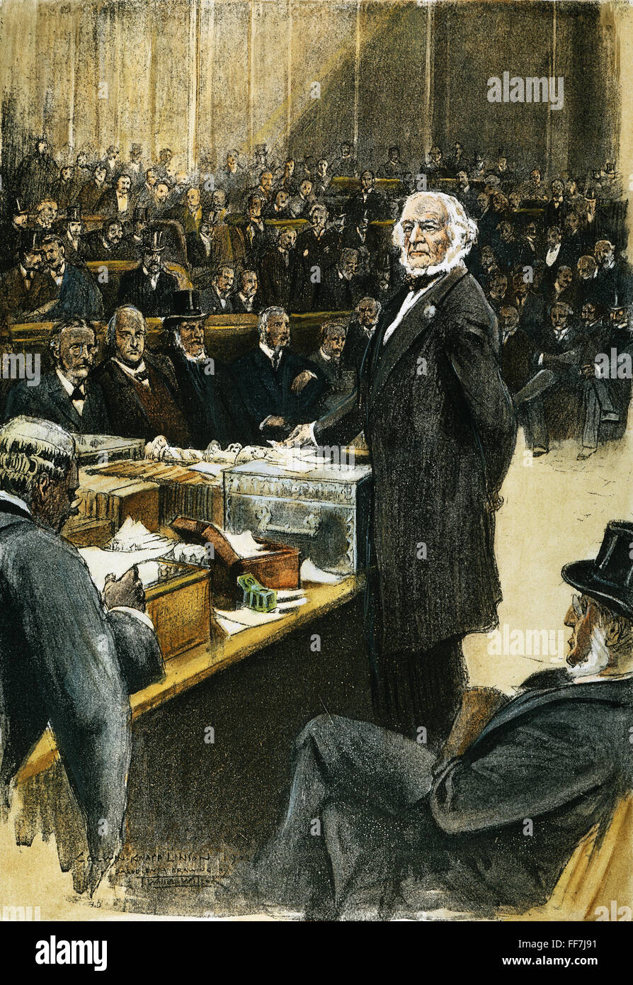 WILLIAM EWART GLADSTONE /n(1809-1893). Englische Politiker. Der britische Premierminister William Gladstone Vorwort im Februar 1893 die irische Selbstverwaltung-Rechnung des House Of Commons zu bringen: zeitgenössische Zeichnung. Stockfoto