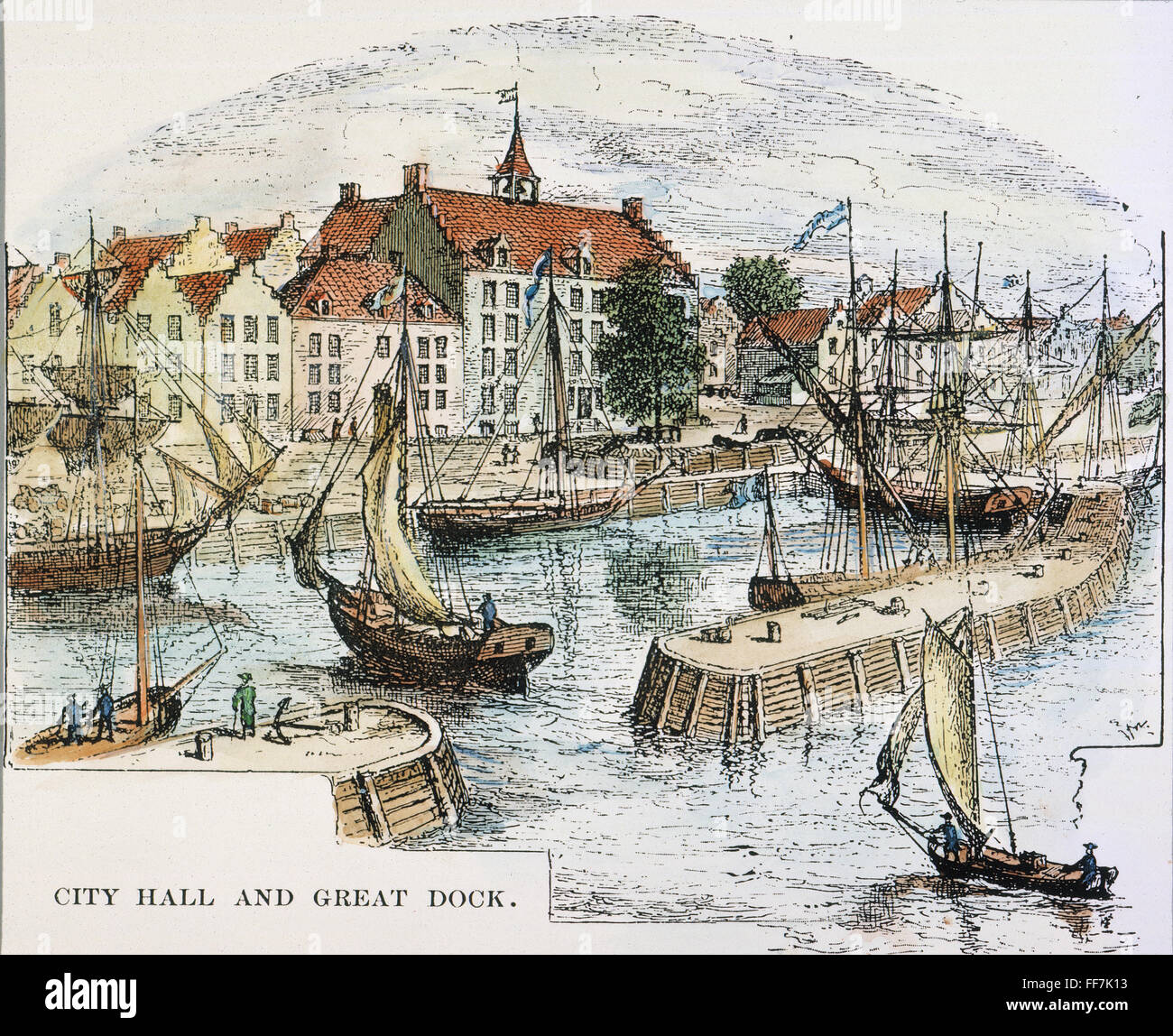 NEW AMSTERDAM. /nCity Hall und große Dock im späten 17. Jahrhundert: farbige Gravur, 1898. Stockfoto