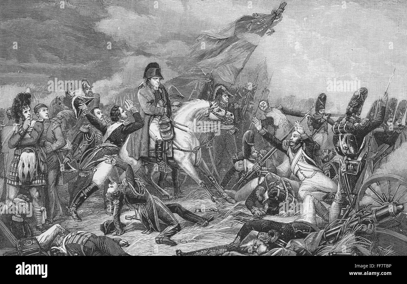 I: NAPOLEON WATERLOO 1815. /nThe Schlacht bei Waterloo, 18. Juni 1815. Line-Gravur, 19. Jahrhundert. Stockfoto