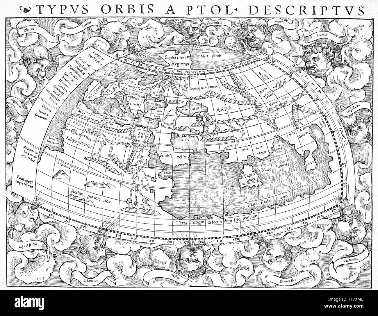 PTOLEMÄUS: GEOGRAPHIE. /nWoodcut Karte von Europa, Afrika und Asien aus einer 1545 Ausgabe von Ptolemäus 'Geographie." Stockfoto