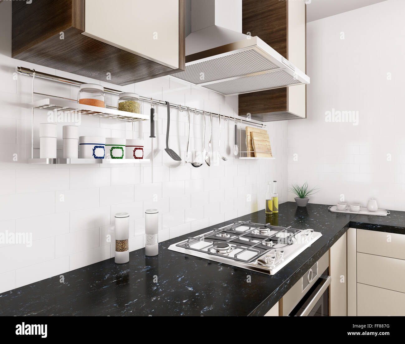 Moderne Küche mit schwarzem Granit, Gasherd, Dunstabzugshaube, Geschirr, Interior 3D Rendering Stockfoto