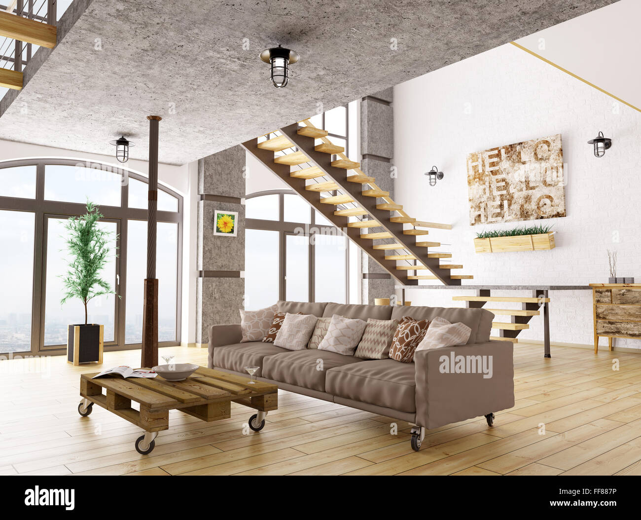 Innenraum der Wohnzimmer mit Sofa, Treppe, 3D-Rendering Stockfoto