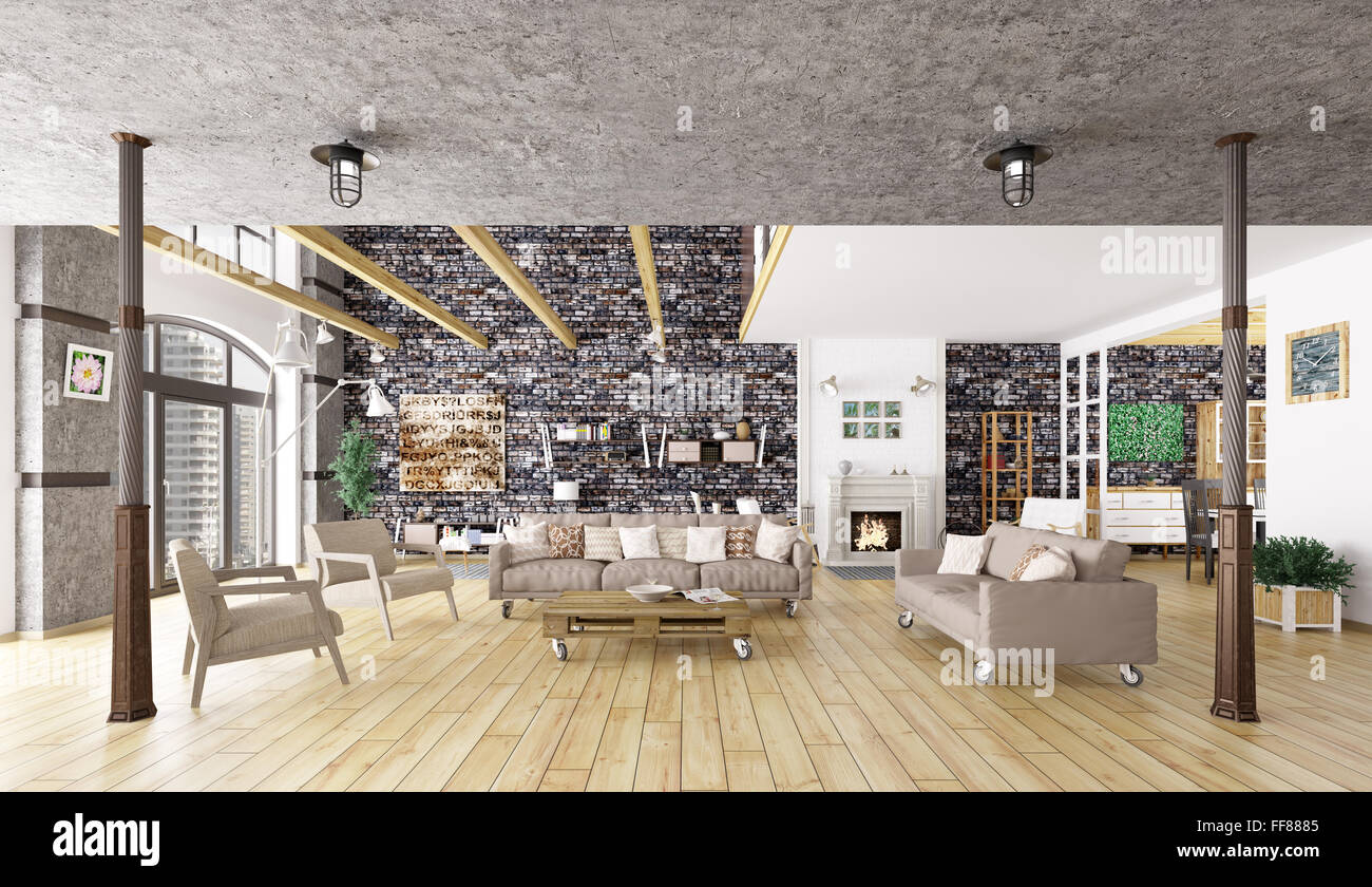 Loft Apartment Innenraum, Wohnzimmer 3D-Rendering Stockfoto