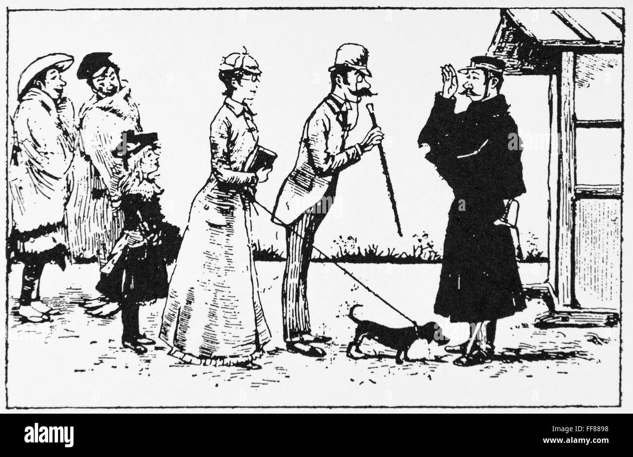 Karikatur von Georges Ferdinand Bigot (1860-1927) Polizist führt Ausländer. Diese Tage waren Polizisten nicht Englisch erzogen. 1891. Stockfoto
