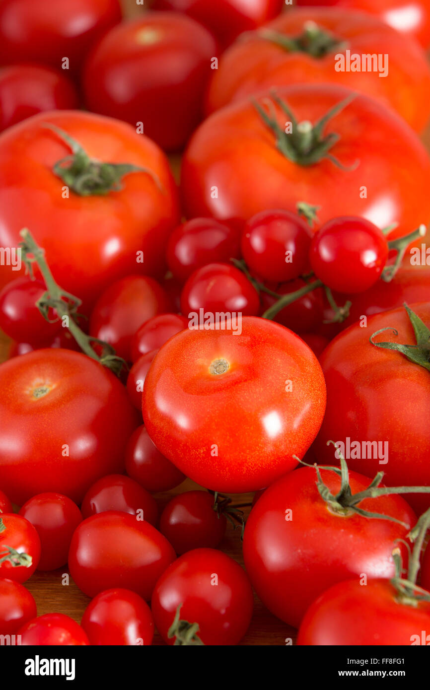 Köstliche frische rote Tomaten in verschiedenen Farben Stockfoto