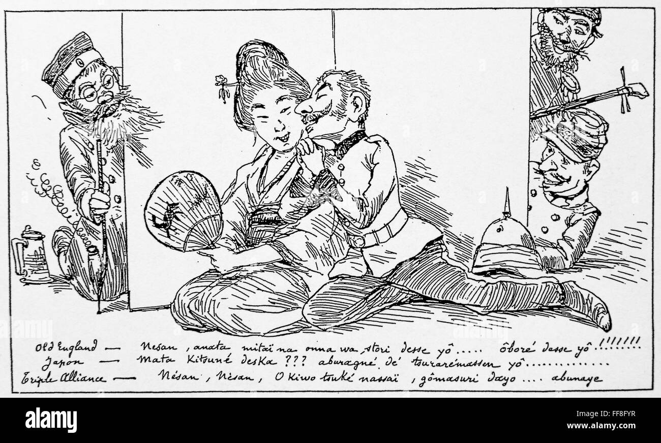 Karikatur von Georges Ferdinand Bigot. Old England im Fernen Osten. England(man) nähert sich Woman(Japan). Dreimächtepakt beobachten. Links Deutschland, rechts oben, Russland, rechts unten Frankreich. 1895. Stockfoto