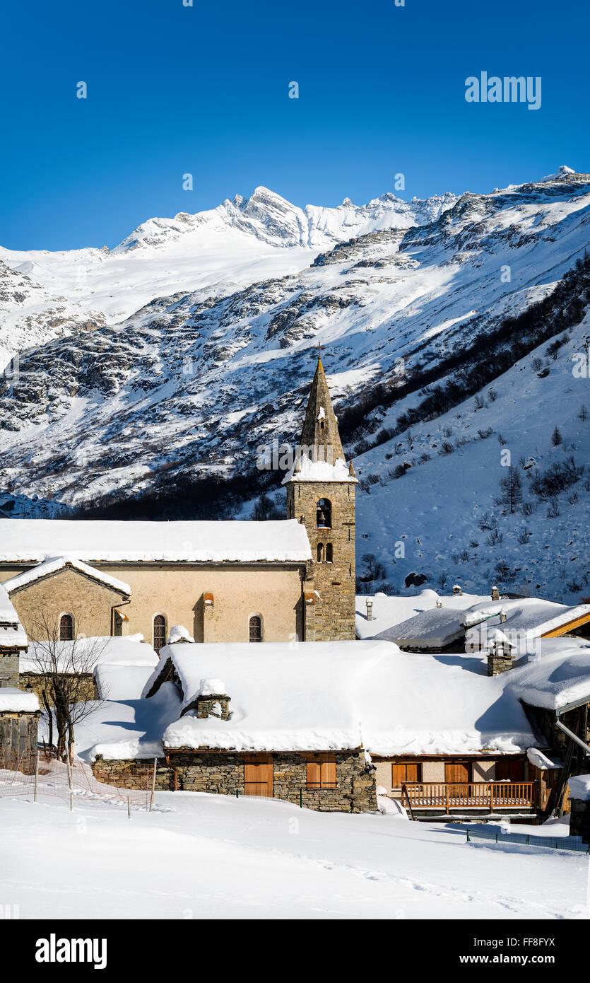 Altes Dorf Bonneval-Sur-Arc im Winter, Savoie, Vanoise, Frankreich Stockfoto