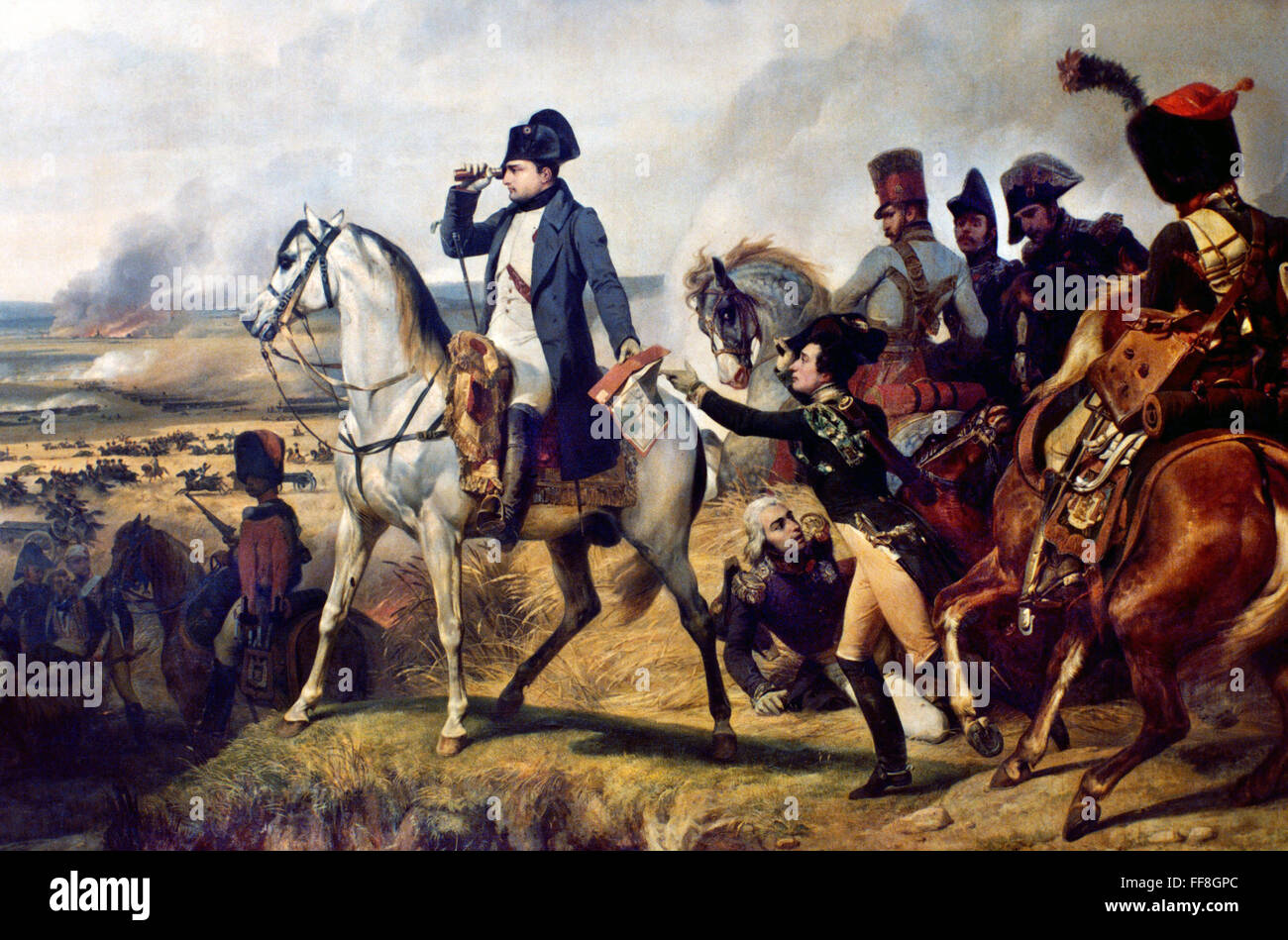 NAPOLEON BONAPARTE /n(1769-1821). Kaiser von Frankreich, 1804-1814. Schlacht von Wagram 1809. Öl auf Leinwand, 1836, von Horace Vernet. Stockfoto