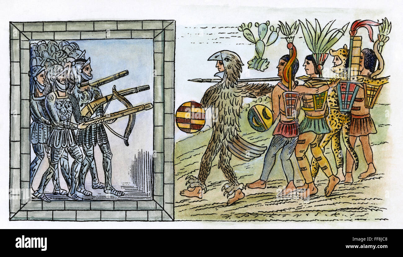 SPANISCHE EROBERUNG, 1520. /nSpanish Konquistadoren unter Pedro de Alvarado in Palast von Tenochtitlan, unter Belagerung durch gebürtige Mexikaner während eines Aufstands nach einer Massarcre bestellt von Alvarado im Jahre 1520. Kupferstich nach einer Zeichnung von Diego Durßn, 16. Jh. Stockfoto