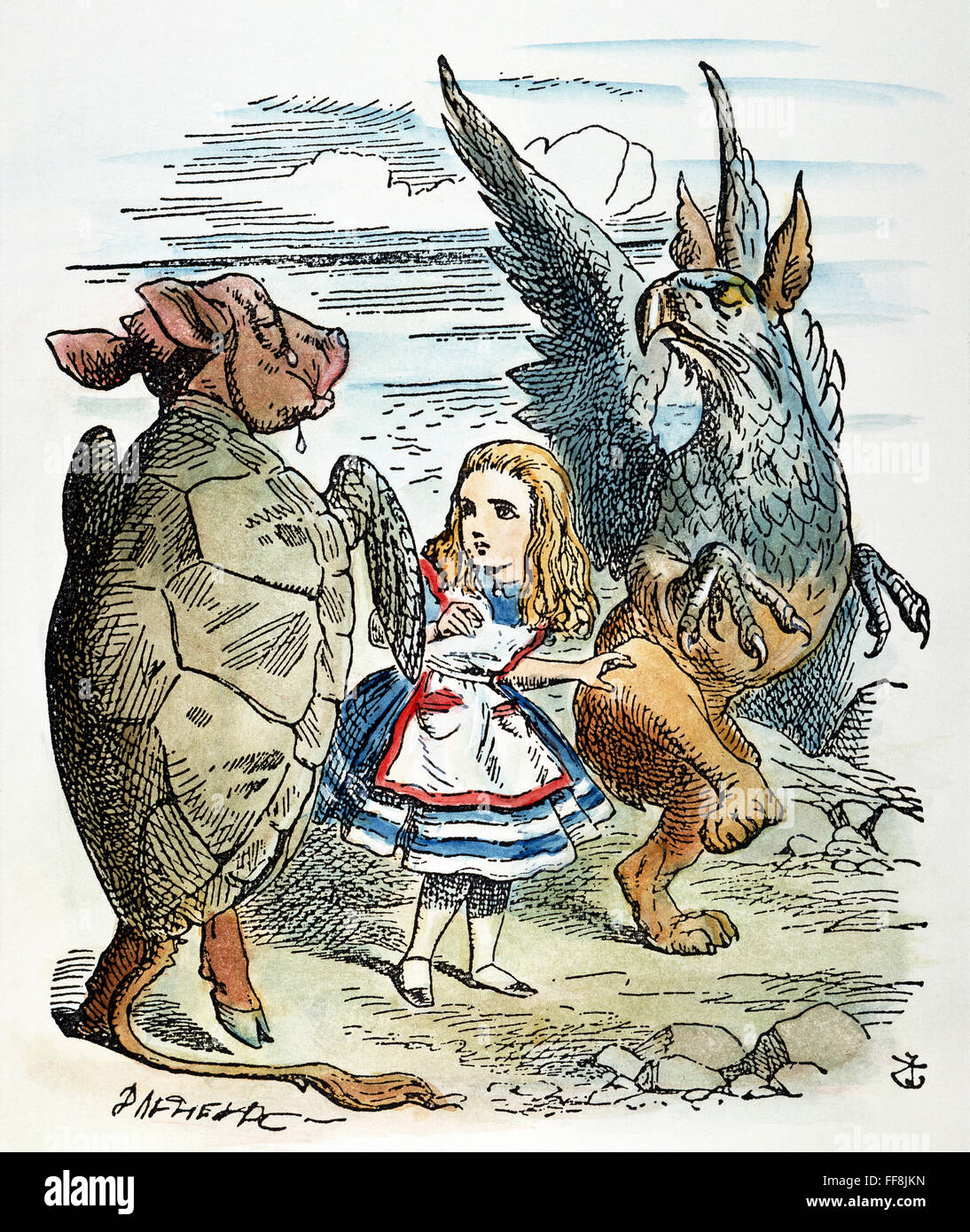 CARROLL: ALICE, 1865. /nAlice die falsche Schildkröte mit der Greif. Holzstich nach Sir John Tenniel für die Erstausgabe von Carrolls "Alices Abenteuer im Wunderland," 1865. Stockfoto