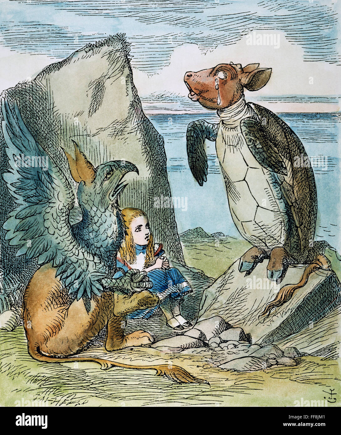 CARROLL: ALICE, 1865. /nAlice und der Greif hören auf die falsche Schildkröte Geschichte. Holzstich nach Sir John Tenniel für die Erstausgabe von Carrolls "Alices Abenteuer im Wunderland," 1865. Stockfoto