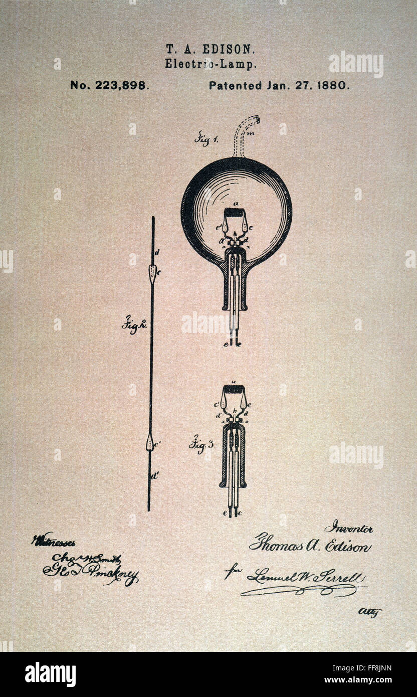 EDISON ELEKTRISCHE LAMPE, 1880. /nPatent Zeichnung, datiert 27. Januar 1880, für Alva elektrische Lampe. Stockfoto