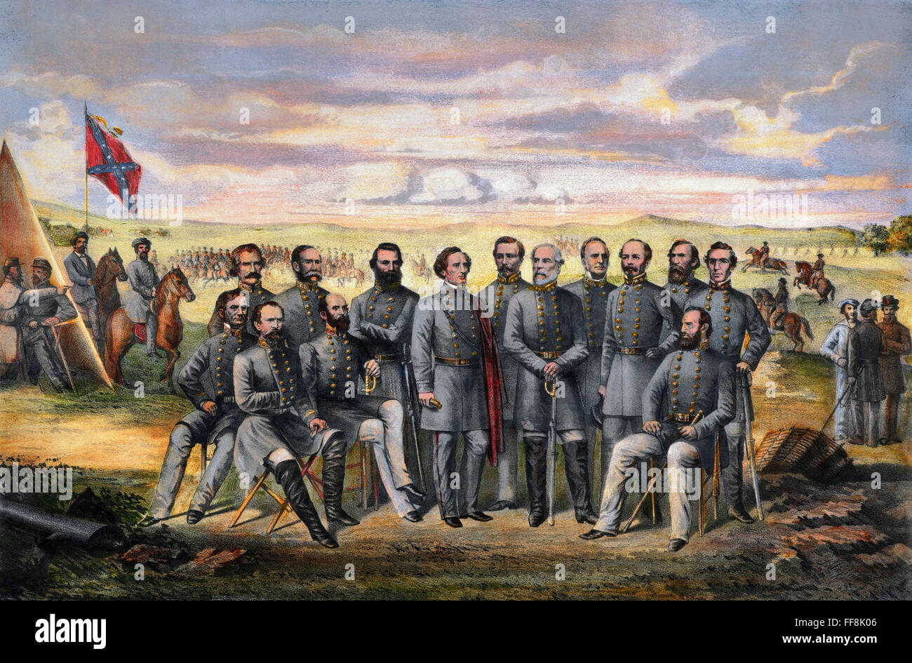 KONFÖDERIERTEN GENERÄLE. /nThe Generäle der Armee der Konföderierten Staaten. Jefferson Davis ist mit rotem Mantel, in Mitte links; Robert E. Lee, stehend mit Säbel, steht Mitte rechts. Zeitgenössische amerikanische Lithographie. Stockfoto