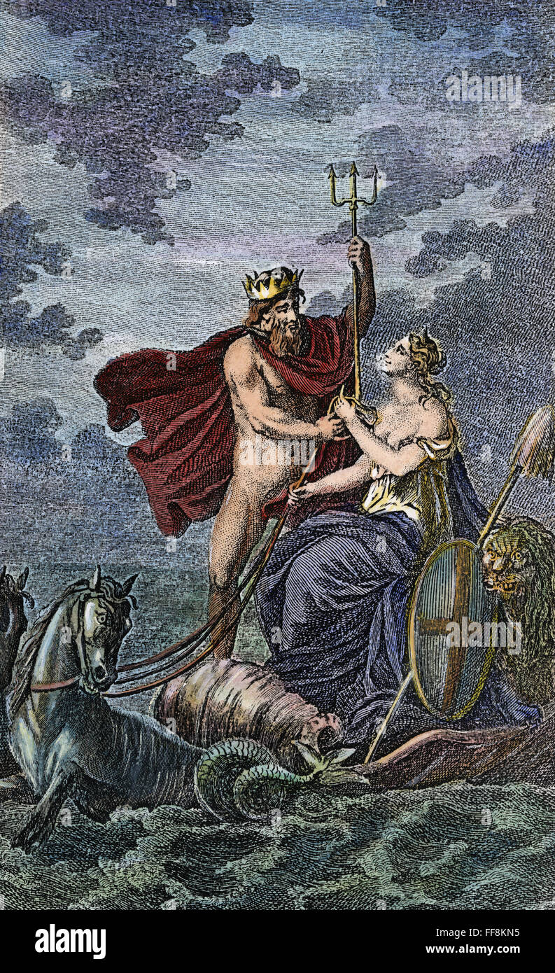 POSEIDON UND BRITANNIA. /n'Neptune Rücktritt die Zügel von seinem Wagen nach Britannia. " Kupfer-Gravur, Englisch, 18. Jahrhundert. Stockfoto