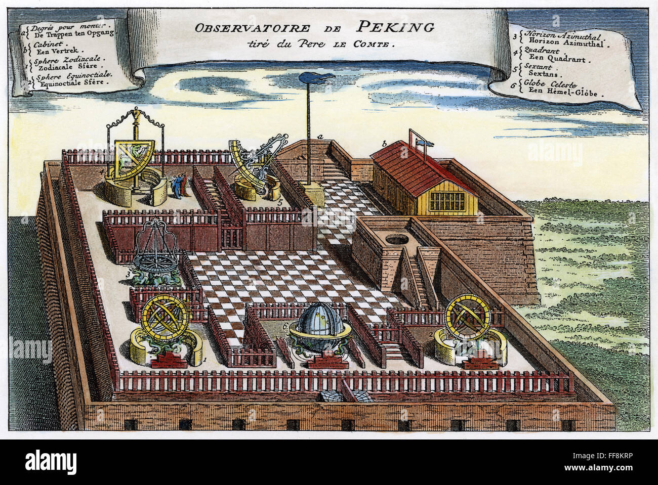 ASTRONOMISCHES OBSERVATORIUM. /nObservatory in Peking, China. Französisch, Gravur, 1747, nach einem Stich von Le Comte "Voyage au Chine," 1698. Stockfoto