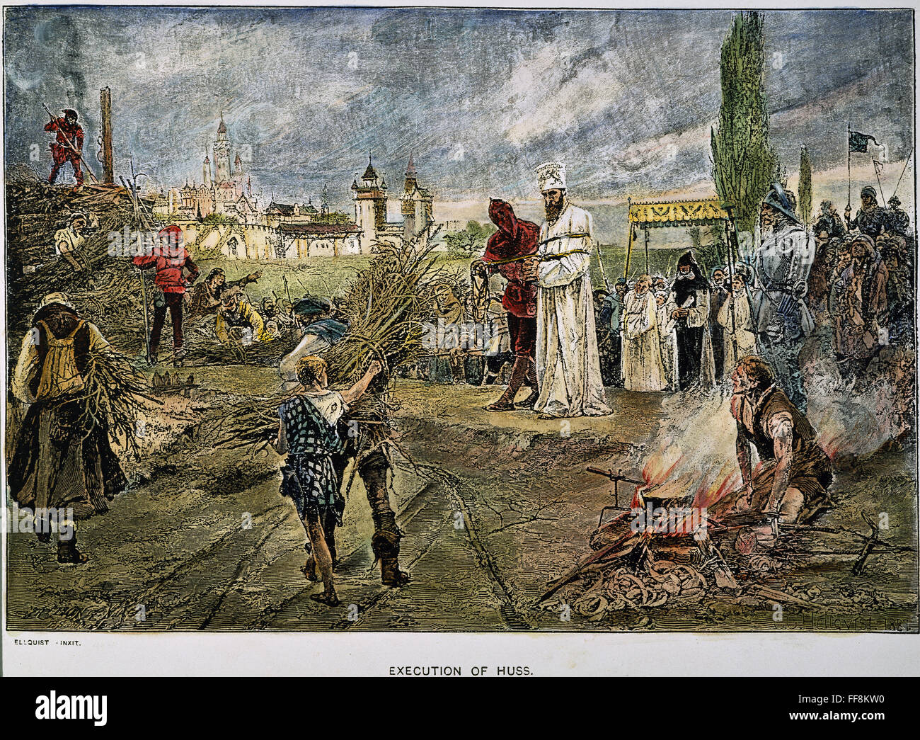 HINRICHTUNG VON JAN HUS 1415. /nEngraving nach einem Gemälde, 1887, von Karl Gustaf Hellquist. Stockfoto